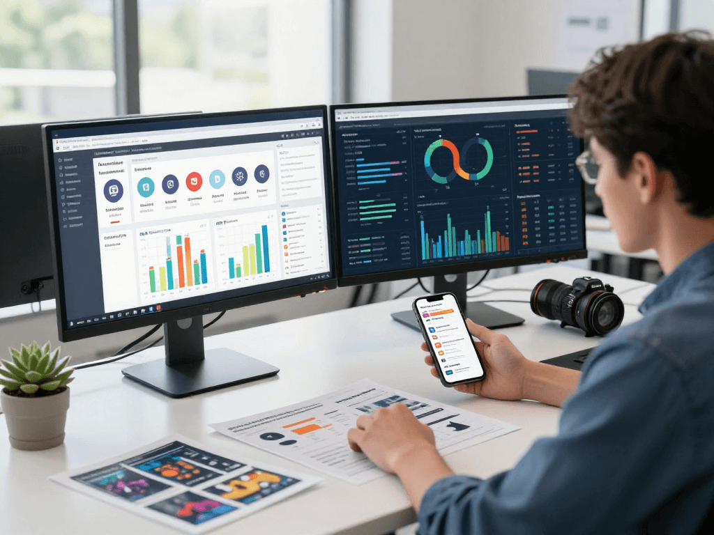 Dynamic workspace showcasing Juicy ai marketing strategies with data displays and vibrant atmosphere.