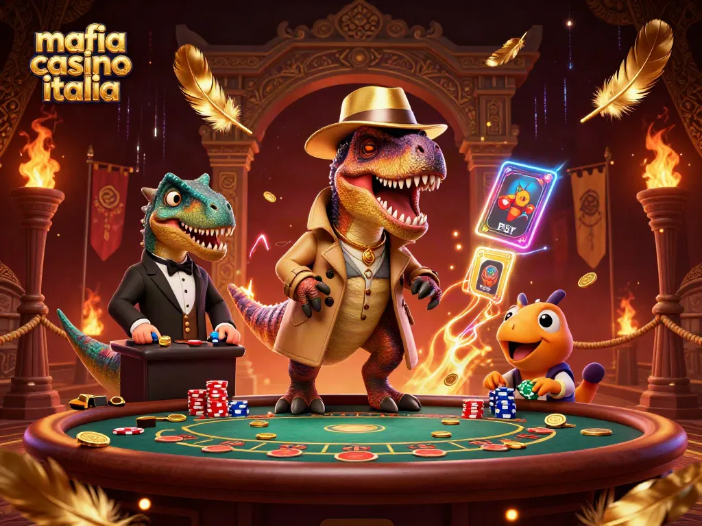Mafia Casino Italia showcases a velociraptor card counter at a blackjack table in a lively casino scene.