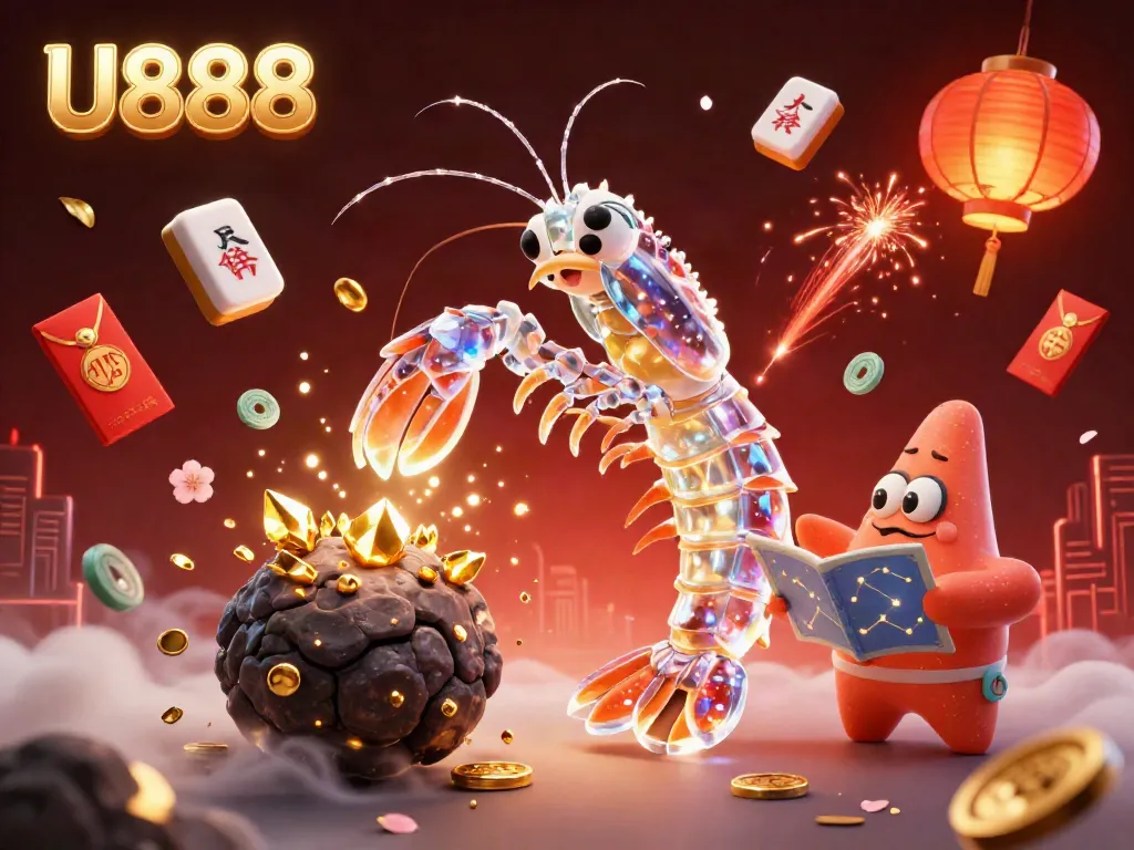 Experience the vibrant world of U888 with a dynamic galactic samurai mantis shrimp bursting through an asteroid, surrounded by casino elements and golden coins.