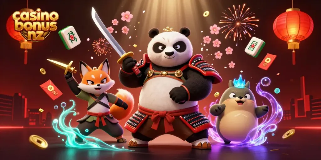 Engage with casino bonus nz through an ultra-detailed illustration of a panda samurai and ninja fox.