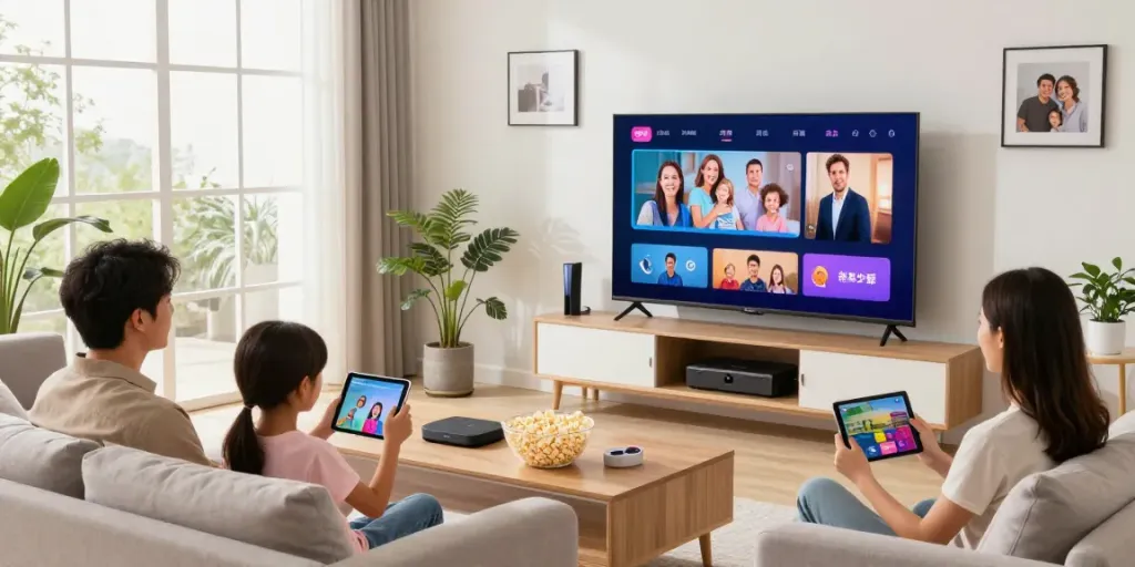 Family enjoying IPTV streaming in a cozy living room.