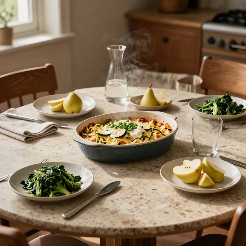 Tavola familiare con pasta al forno leggera, verdure, frutta tagliata e porzioni più piccole