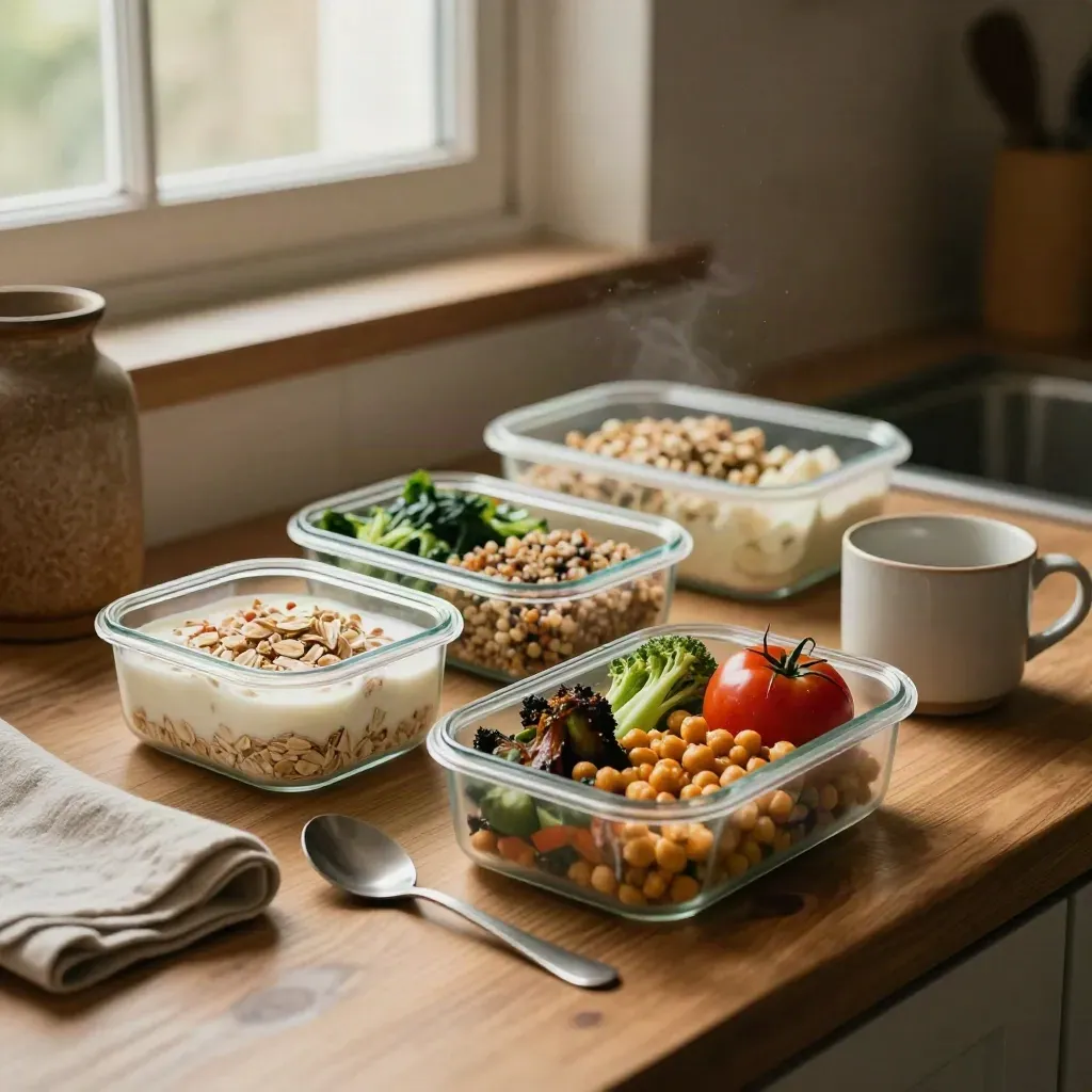 Tre contenitori pasto ordinati su banco caldo, con tazza semplice e ingredienti freschi in una cucina accogliente.