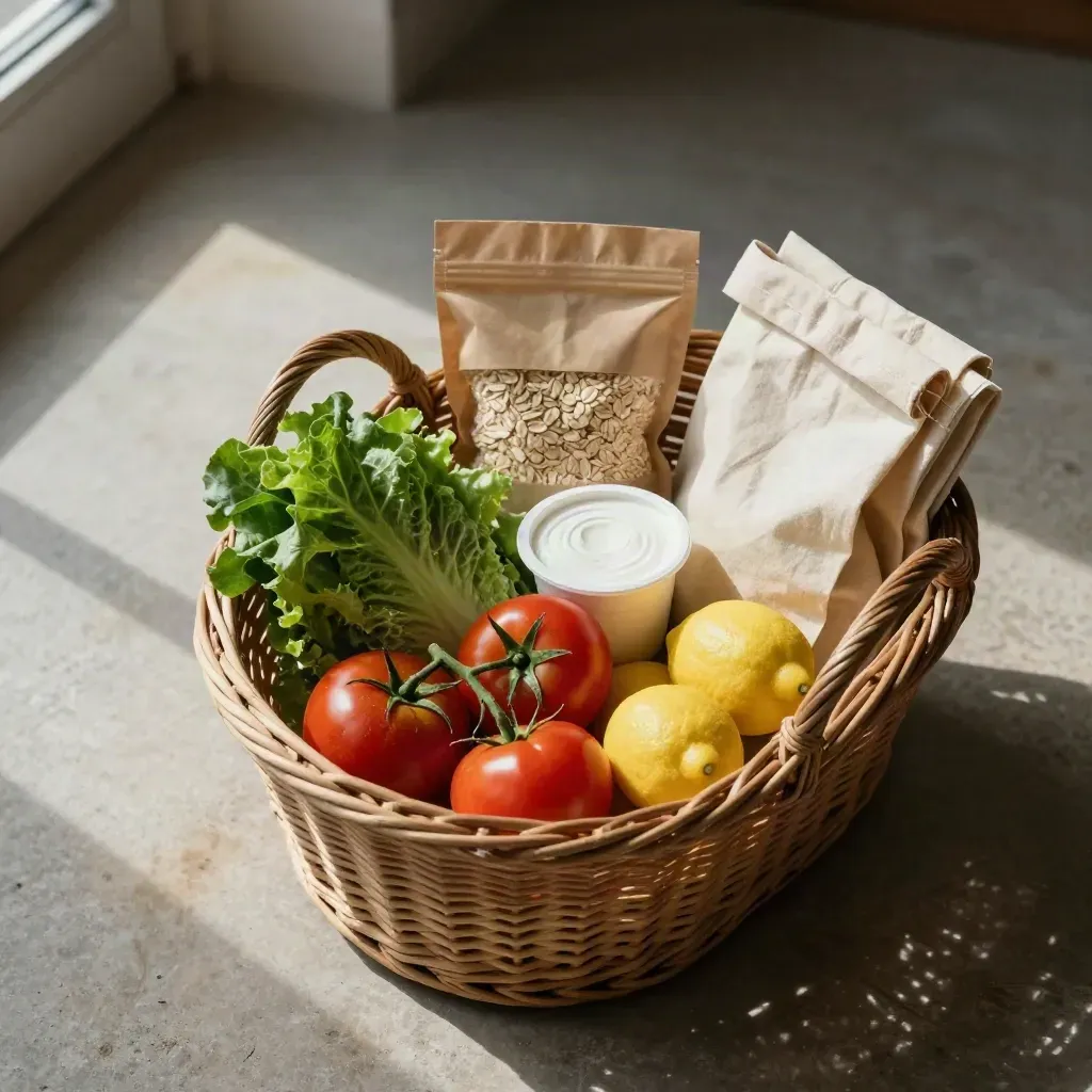 Cesto di spesa con pomodori, insalate, limoni e yogurt su pavimento in pietra, vista dall’alto.
