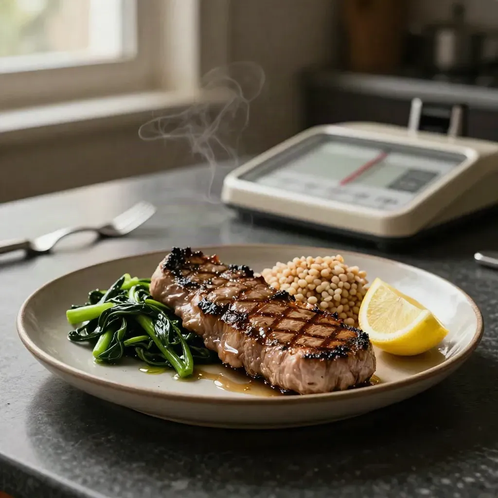 Piatto equilibrato con proteina magra, verdure verdi, cereale e limone, con bilancia sullo sfondo.