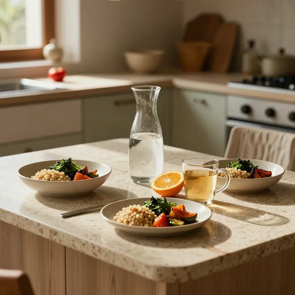 Tavola di consulenza dietetica con ciotole, acqua, tisana, agrumi e piatti pronti in luce calda.