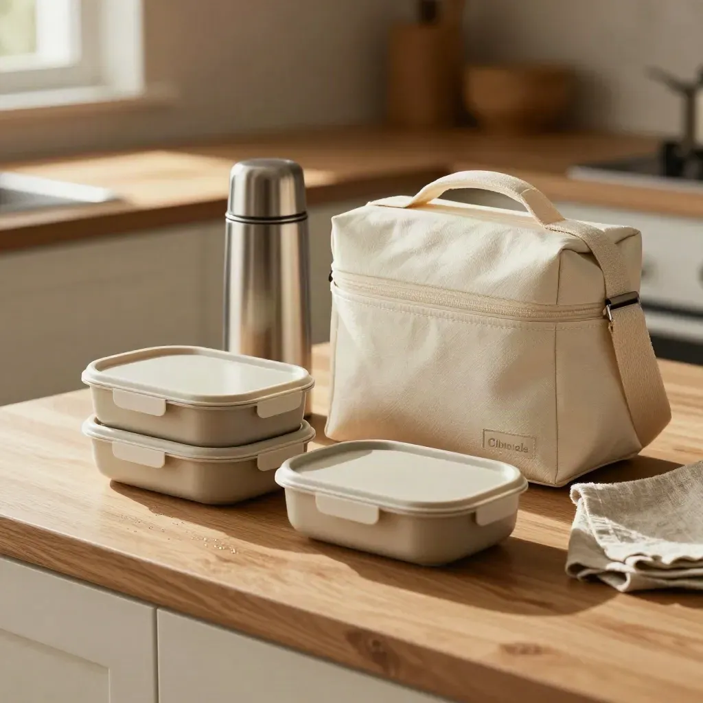 Tre contenitori pranzo pronti con thermos e borsa termica su un piano cucina luminoso.