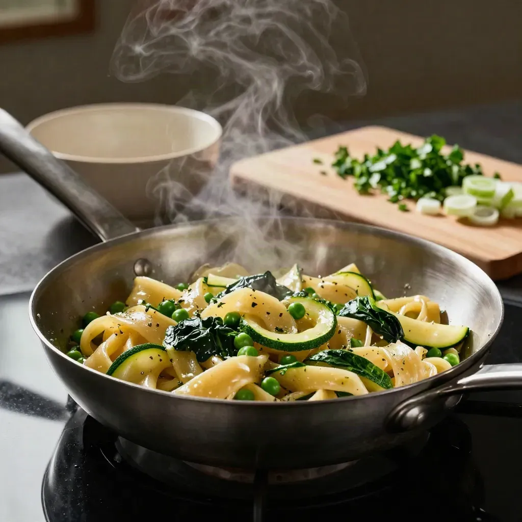 Padella di pasta veloce con verdure verdi, vapore e ciotola pronta sul fornello.