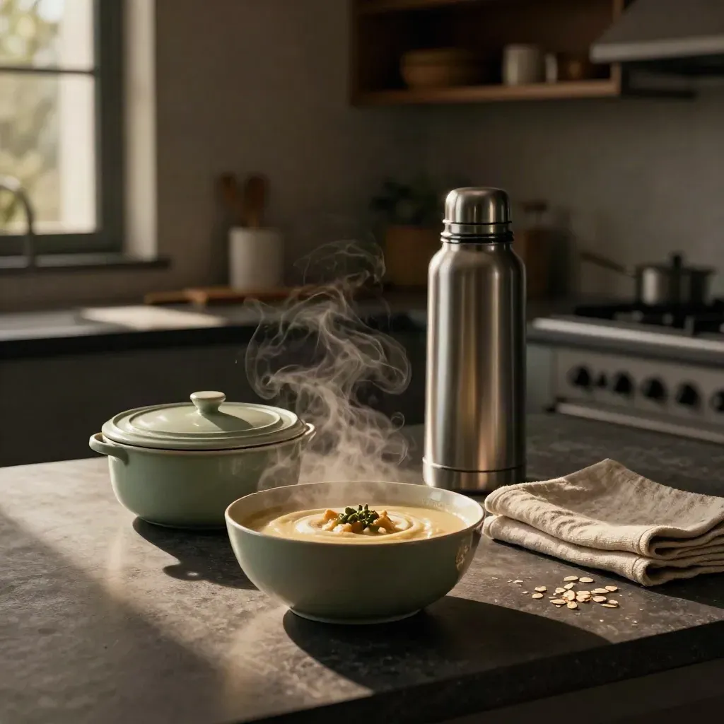 Zuppa calda, thermos e contenitore chiuso su cucina notturna, luce morbida e vapore.