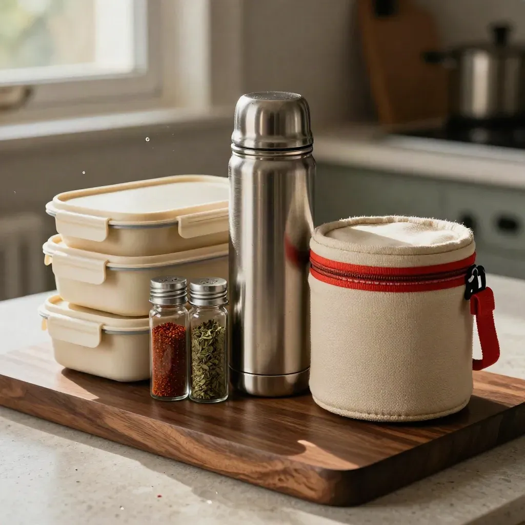 Kit nutrizionale portatile con lunch box, fiale di spezie e thermos su piano in legno.