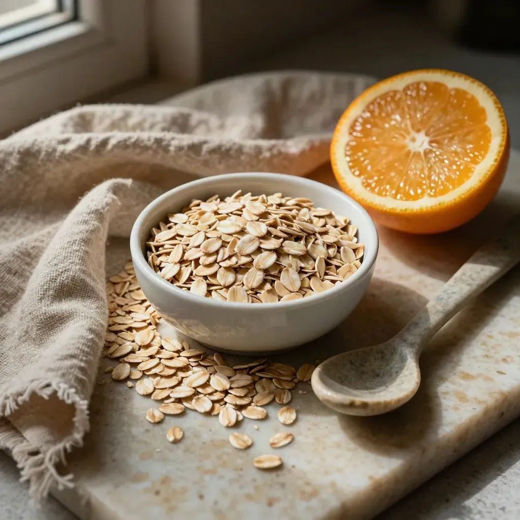 Tessuto di lino, ciotola con avena, mezzo agrume e cucchiaino di pietra su travertino.
