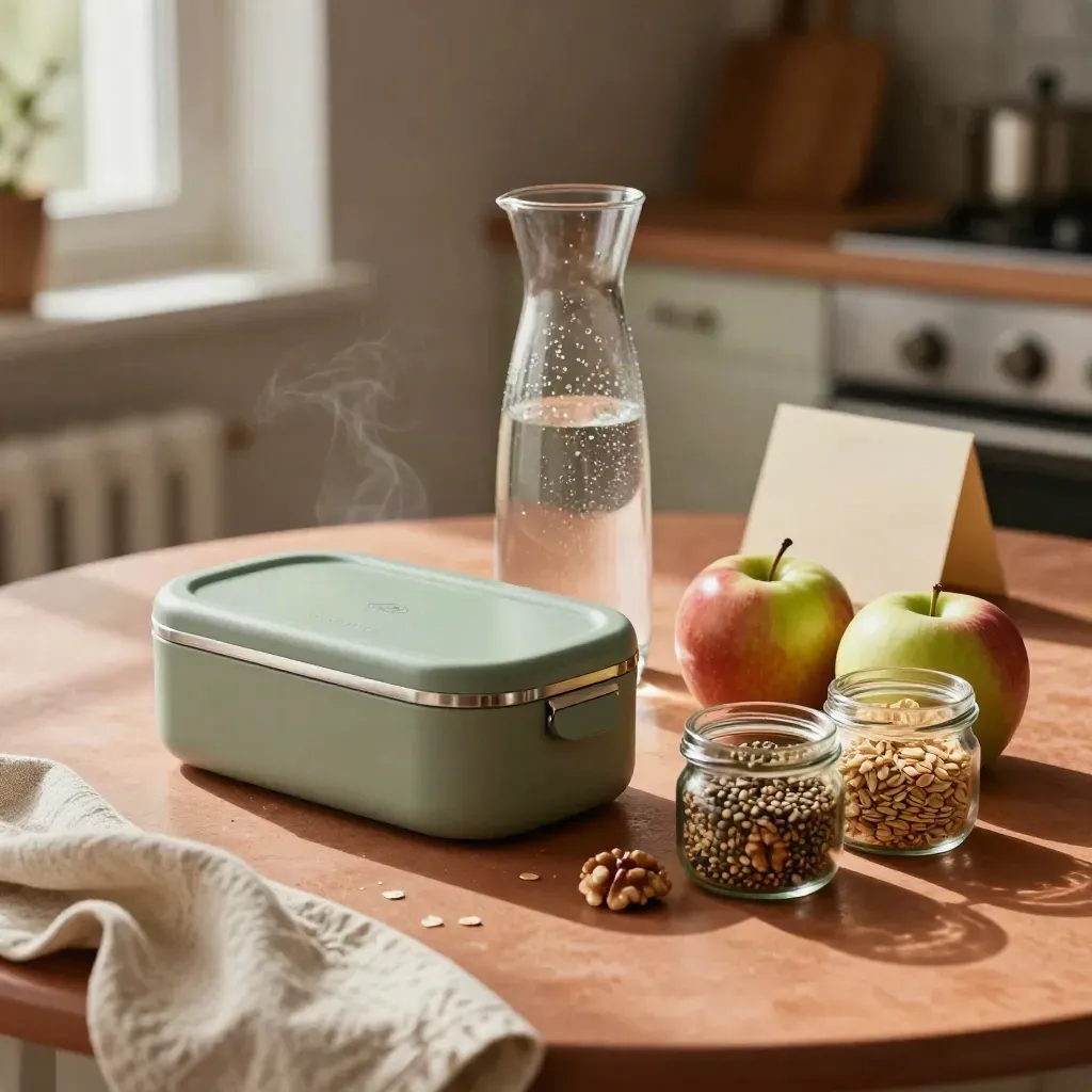 Kit alimentare con lunch box termico, caraffa d’acqua, mele e vasetti snack su tavolo rustico.