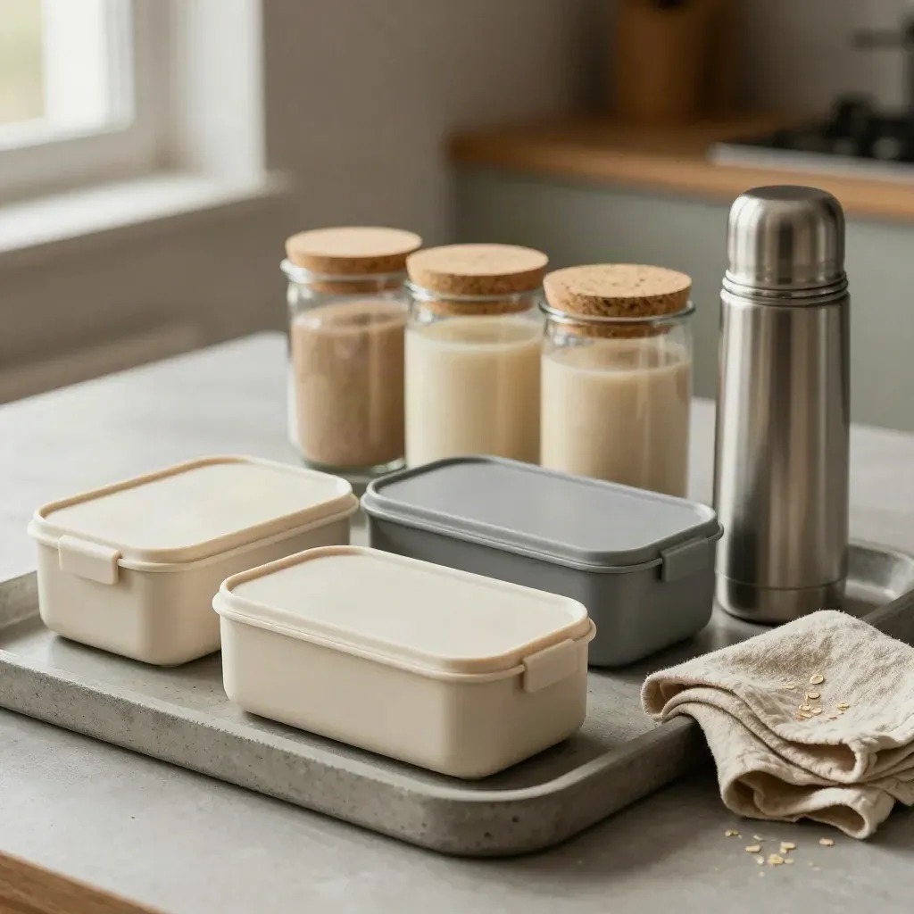 Tre lunch box, thermos e barattoli allineati su un vassoio di cemento, stile pulito e ordinato.