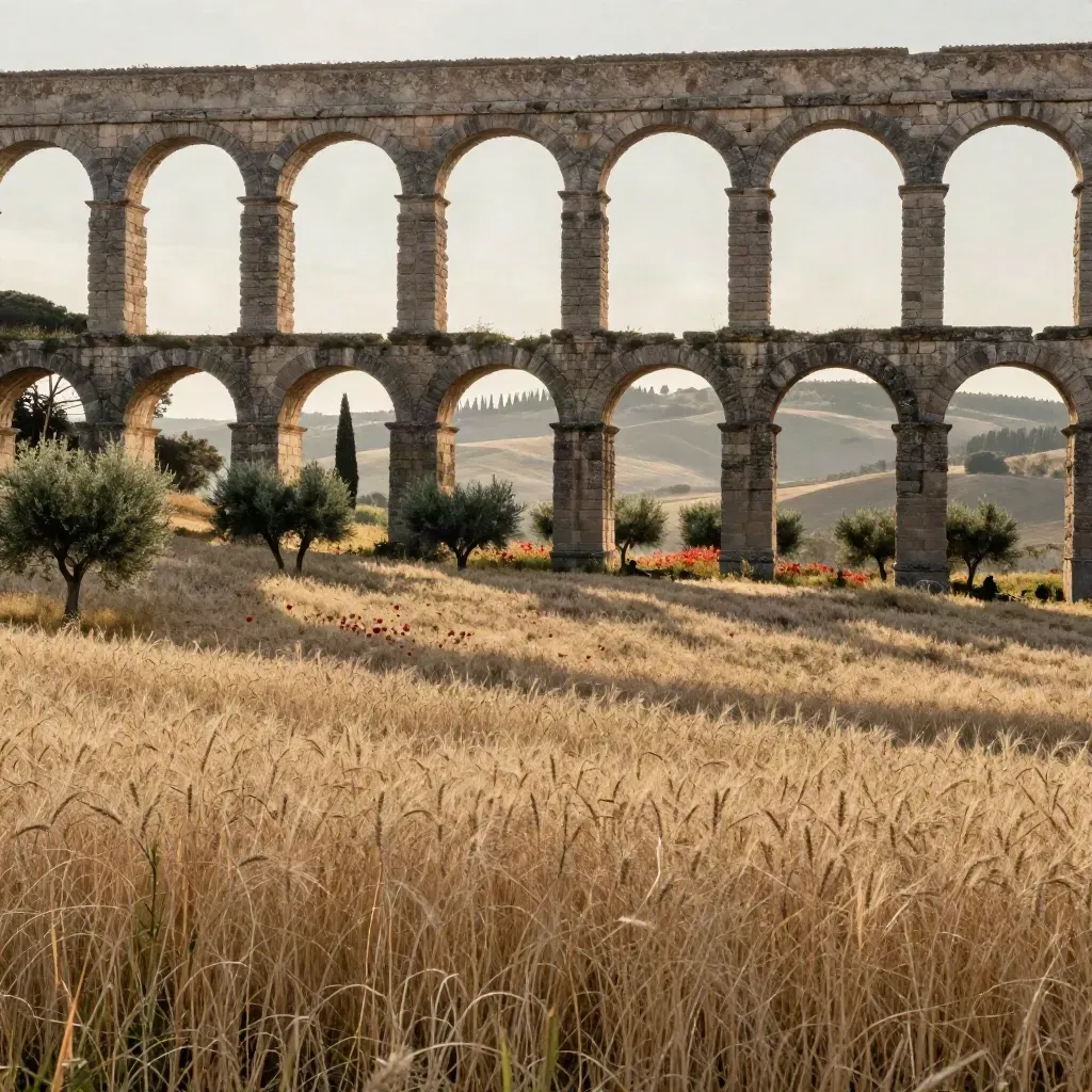 Acquedotto romano nella campagna laziale con cipressi e foschia calda, campo aperto.