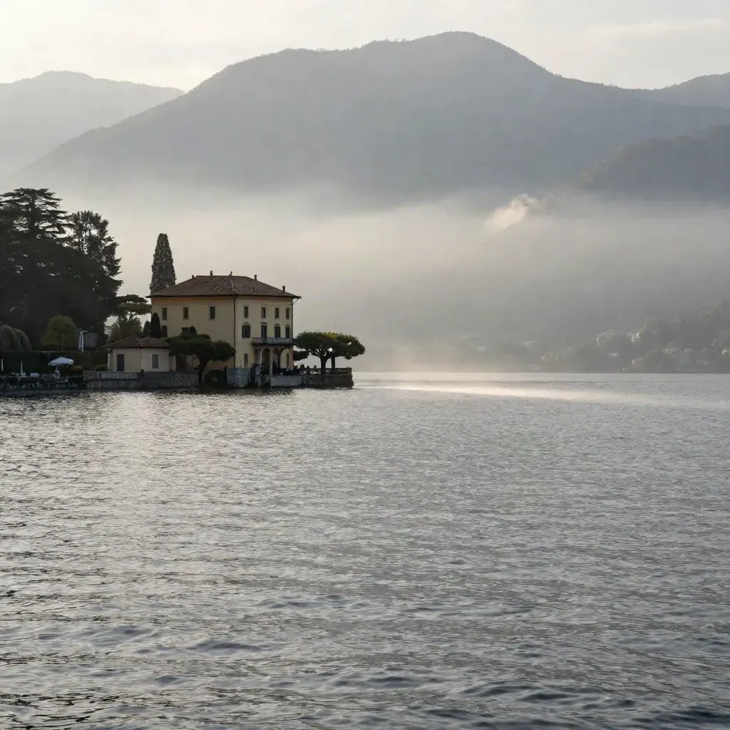 Lago di Como all’alba con villa storica, montagne lontane e foschia sull’acqua