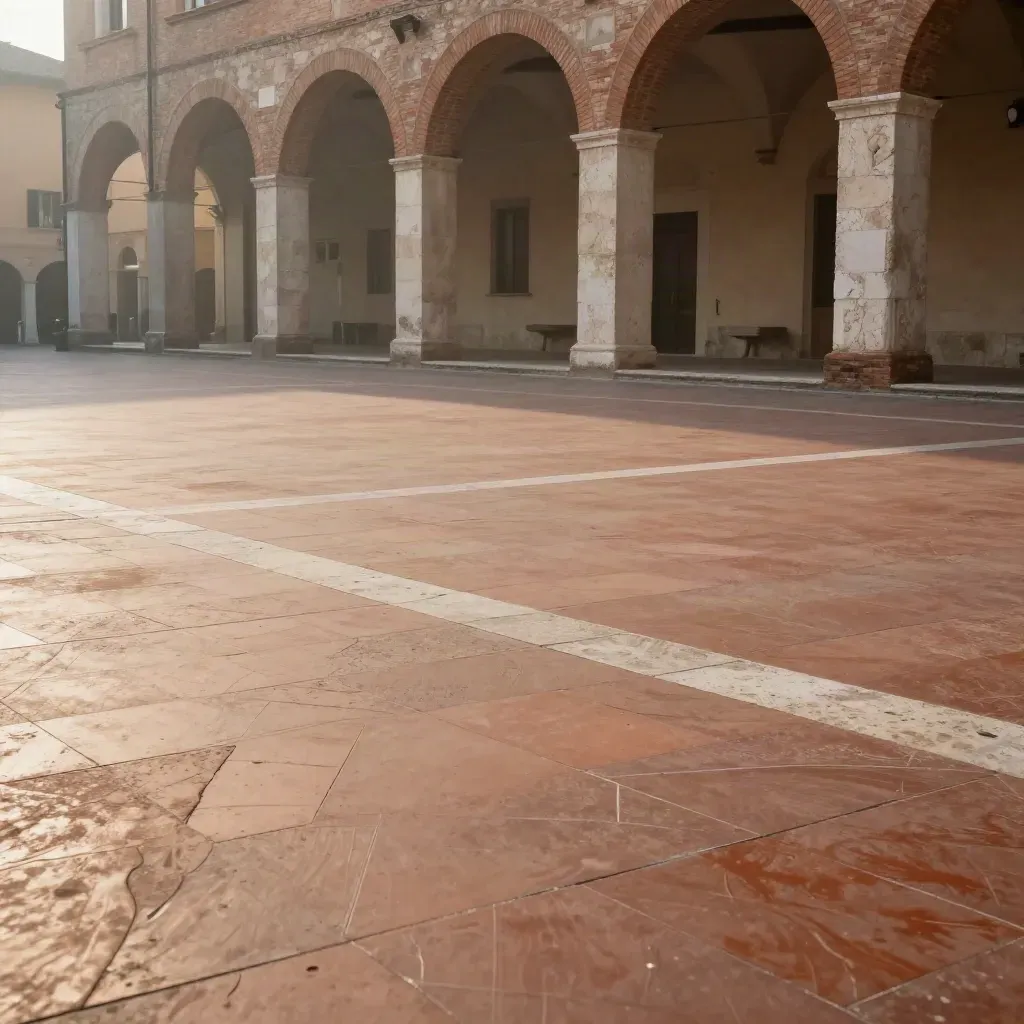 Portici emiliani e piazza in terracotta all’alba, con foschia leggera e luce calda.