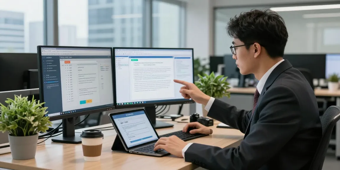 Document fraud detection in a modern office with professional analyzing data on screens.