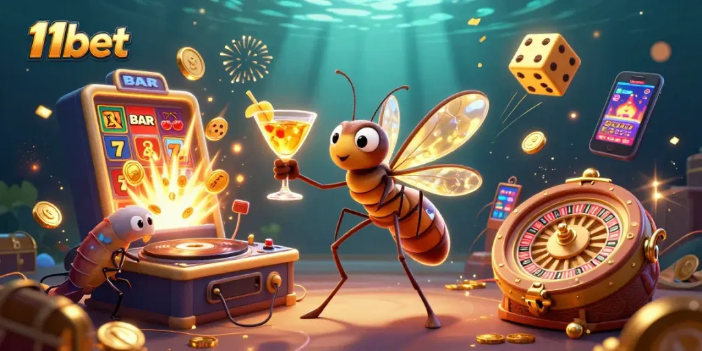 Experience winning moments in 11bet’s vibrant casino landscape with a golden cocktail mascot and jackpot excitement.