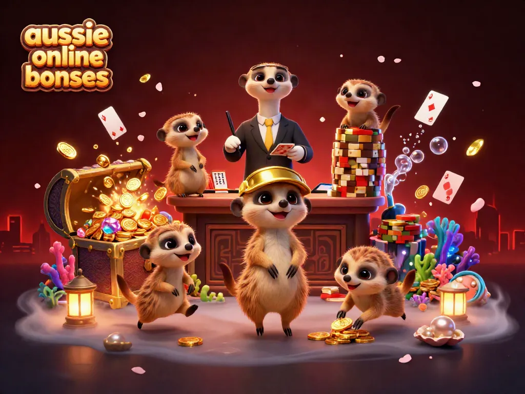 Experience the thrill of aussie online casino bonuses with meerkat dealers amidst vibrant 3D casino elements.