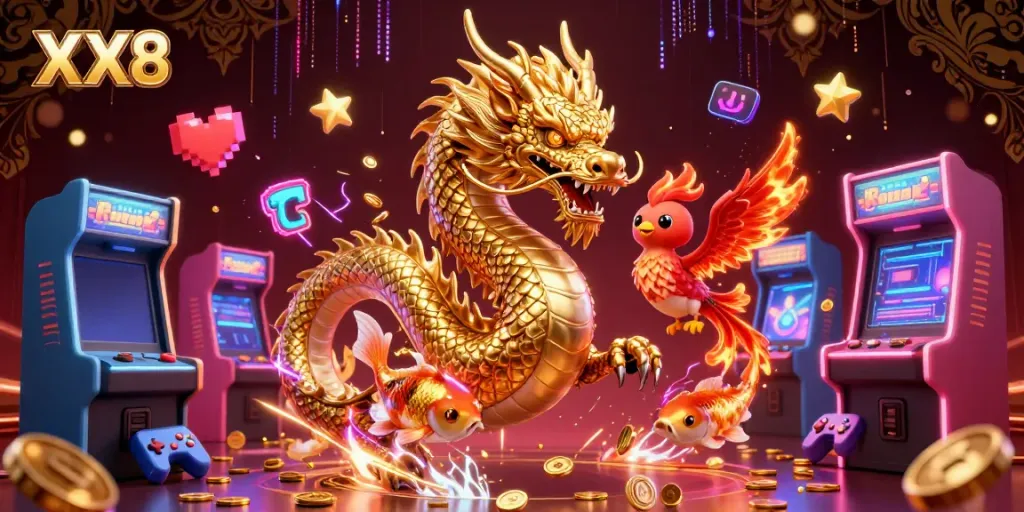 Experience the thrill of XX8 casino with a fiery golden dragon and phoenix amidst dynamic gaming elements.