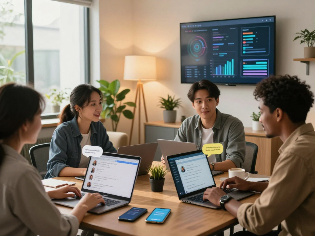 Diverse users engaging in hot chat AI discussions on laptops and smartphones in a modern office environment.