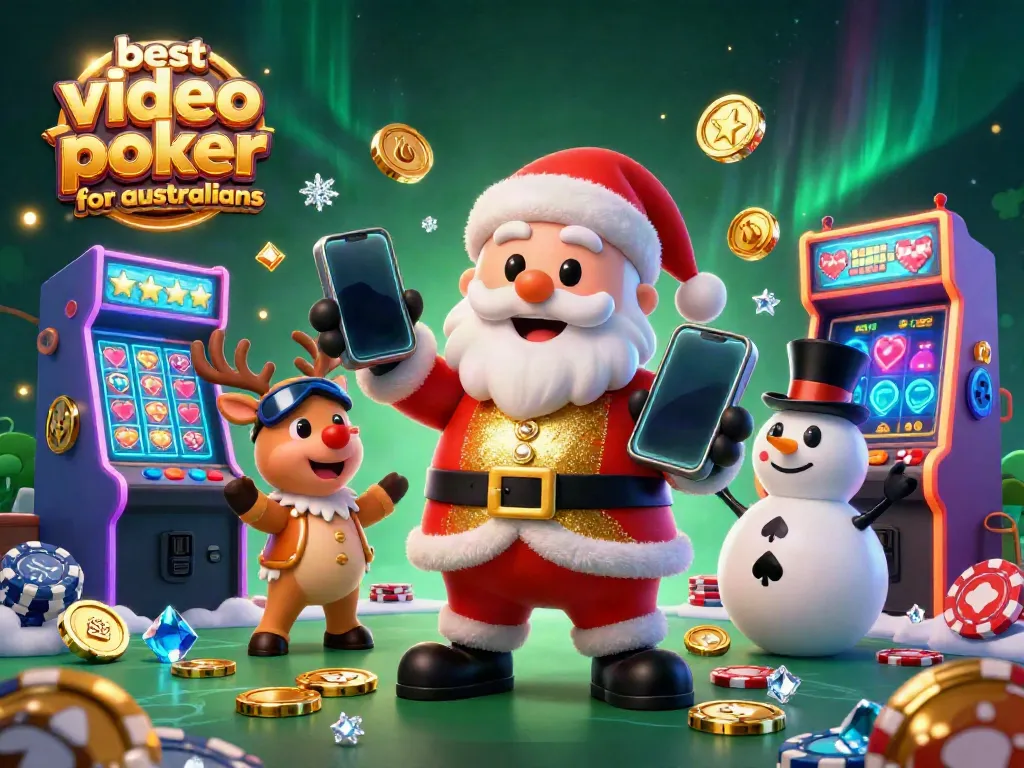 Experience the best video poker for australians with festive casino characters and vibrant gaming elements.